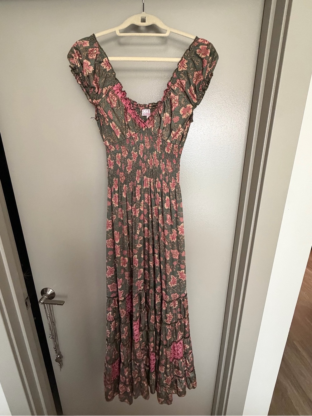 Floral Smocked Olive Maxi Dress with Pink Blooms